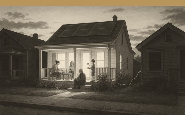 Pencil drawing: on a dark street during a power outage, one house with solar panels on its roof is lit, and neighbours gather on its porch.