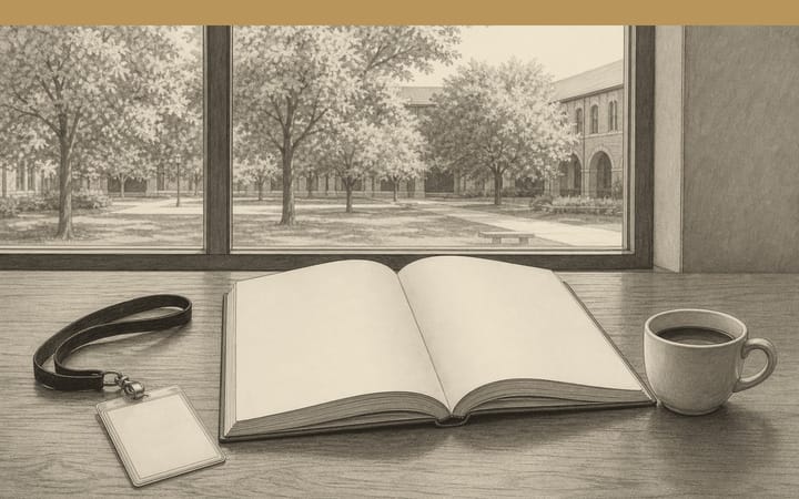 Pencil drawing of an open yearbook, a conference badge and a cup of coffee on a table by a window overlooking a university courtyard.