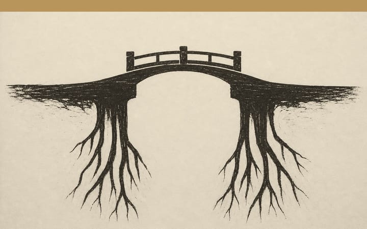 Print of a small bridge whose pillars reach deep into the ground like roots.