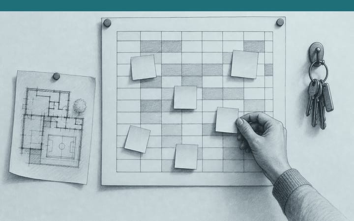 Drawing of a school timetable rearranged with sticky notes, a floor plan beside it and a bunch of keys on a hook.