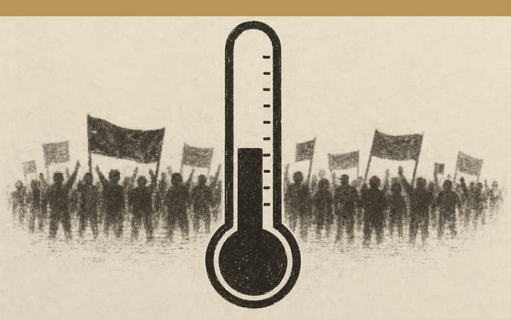 Print of a large thermometer, half risen, in front of a diffuse crowd of young people protesting with banners.