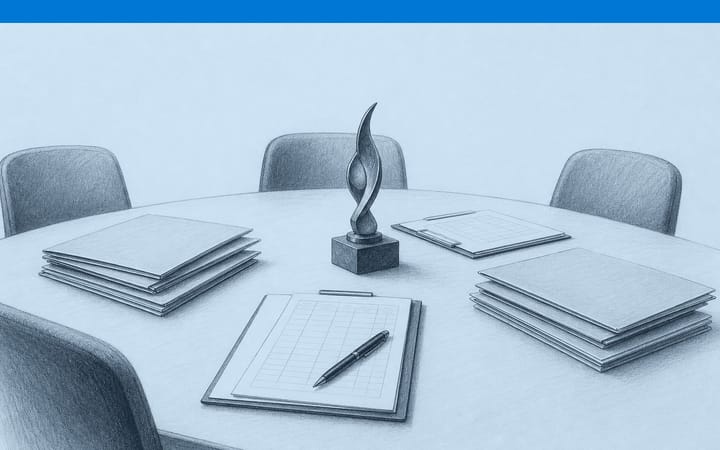 Drawing of a jury table with application folders, evaluation sheets and a small award statuette, empty chairs around it.