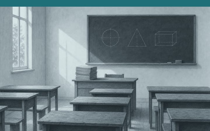 Drawing of an empty classroom with wooden benches, a teacher's desk with a tall stack of exercise books and a blackboard with simple shapes.