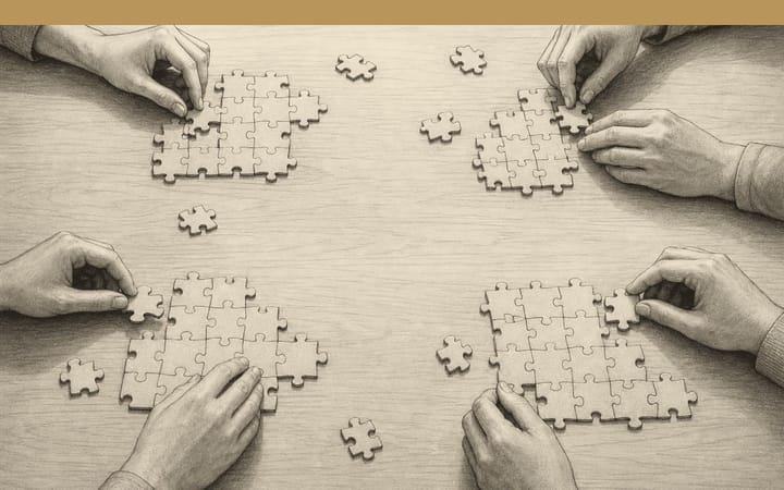 Pencil drawing: several hands assemble separate islands of one jigsaw puzzle.