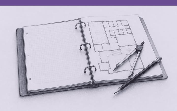 Drawing of an open ring binder with worksheets and a school floor plan, a compass and a pencil lying on top.