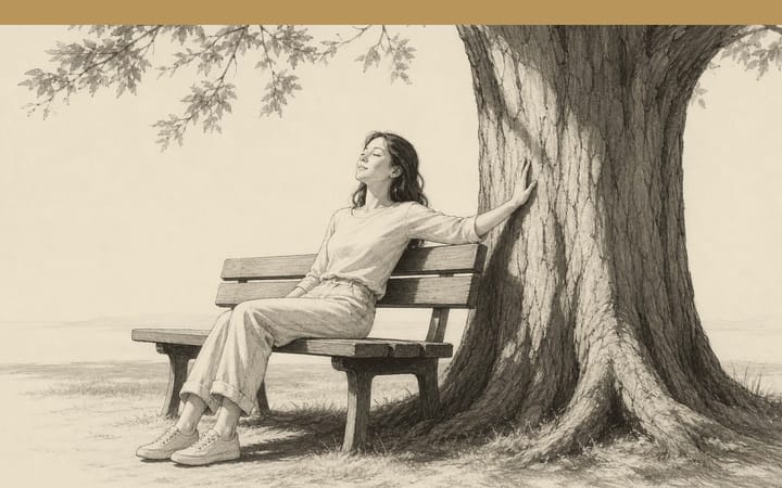 Pencil drawing: a young woman rests on a bench under an old tree, hand on the bark.