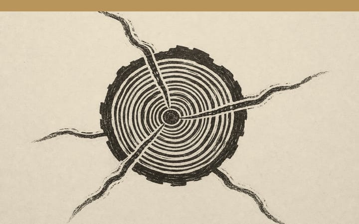 Linocut-style print of the growth rings of a tree trunk with lines branching outwards.