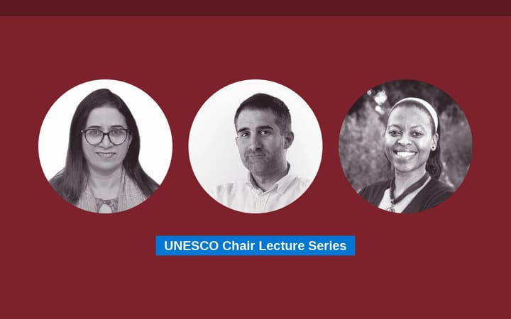 Portraits of the speakers Seema Bali, Gregor Torkar and Zintle Songqwaru
