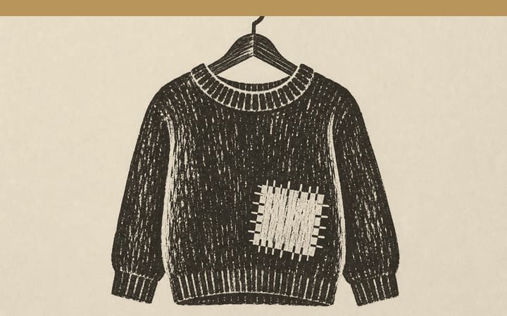 Print-style drawing of a dark woollen sweater on a hanger with a large hand-stitched patch.