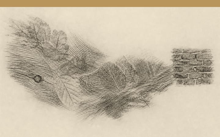 Abstract pencil rubbing: textures of wood grain and leaves along a winding band leading to a small brick texture.