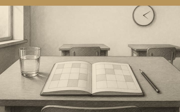 Pencil drawing of an open notebook with a partly shaded grid on a school desk, a pencil, a glass of water and a wall clock.