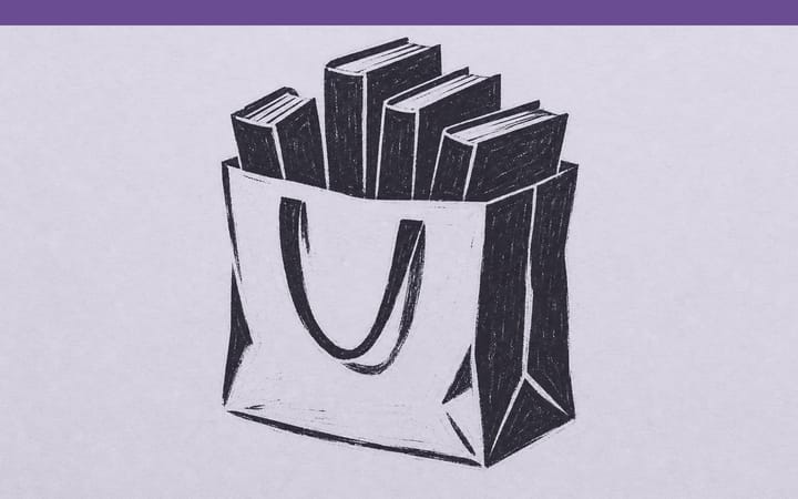 Print of a shopping bag filled with books instead of groceries.